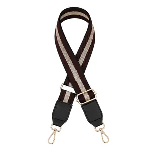 Detail of adjustable woven strap in burgundy and gold with black leather ends and gold clasps