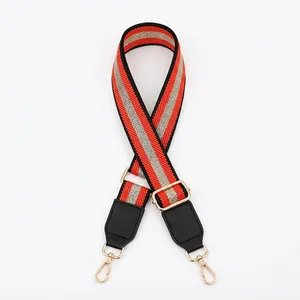 Close-up of adjustable striped woven strap No. 11 with gold hardware and black leather ends