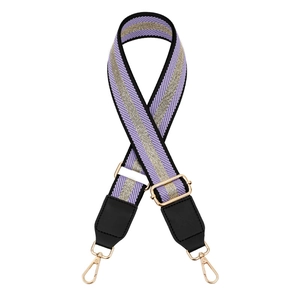 Adjustable wide canvas replacement bag strap with purple and gold stripes and metal clips