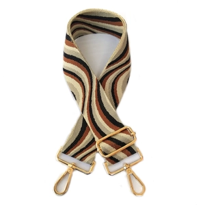 Adjustable wide canvas bag strap with coffee wave pattern and gold metal buckles