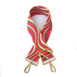 Adjustable wide woven bag strap with colorful wave pattern and gold metal hardware