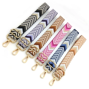 Adjustable geometric patterned bag straps with gold metal hooks in six colors
