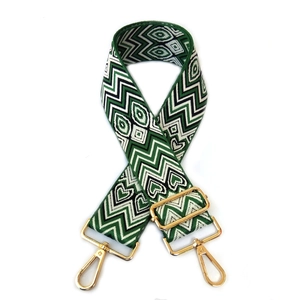 Ethnic wide bag strap with green geometric wave pattern and gold metal buckles