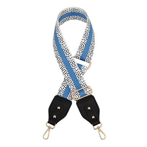 Adjustable wide woven guitar-style bag strap with blue patterns and gold rivets