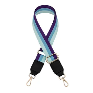 Adjustable purple and blue striped PU leather bag strap with gold metal swivel hooks