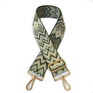 Ethnic wide canvas bag strap with green geometric jacquard and gold metal hooks