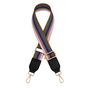 Adjustable woven stripe shoulder strap with pink and blue patterns and gold lobster clasps