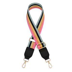 Adjustable colorful striped PU replacement shoulder strap with gold metal lobster clasps