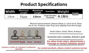 Technical detail of 3.8cm adjustable polyester guitar-style strap with four metal hook options