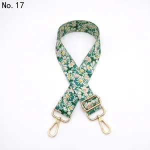 Detail of adjustable green floral daisy strap with polished gold-tone metal carabiners