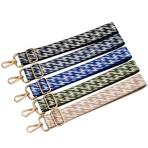 Adjustable woven jacquard bag strap with geometric patterns and golden metal hooks