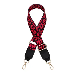 Close-up of leopard print PU leather shoulder strap with gold buckle and black texture