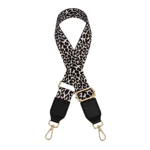 Detail of adjustable leopard print bag strap with golden hardware and leather ends