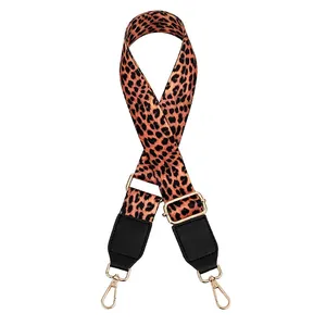 Detail of adjustable leopard print PU strap with gold-tone metal lobster clasps