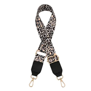 Detail of adjustable leopard print bag strap with golden lobster claws and black PU ends