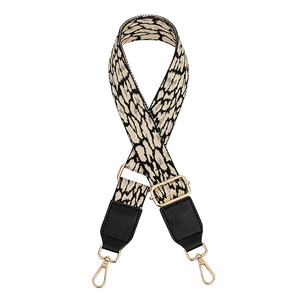 Adjustable leopard pattern purse strap with black leather ends and gold metal hooks