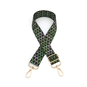 Adjustable wide guitar style strap with colorful peacock scale pattern and gold hardware
