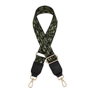 Detail of army green and black leopard print wide strap with gold metal lobster clasps