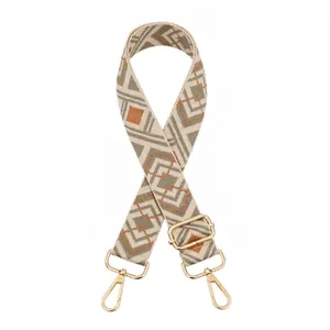 Detail of adjustable ethnic geometric bag strap with vintage gold swivel hooks