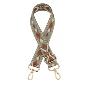 Detail of adjustable woven guitar-style bag strap with vintage geometric patterns