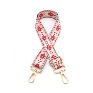 Adjustable wide ethnic strap with red and white snowflake embroidery and gold metal hooks