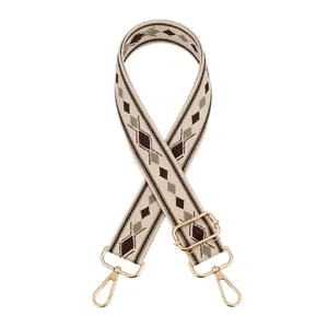 Close-up of jacquard woven geometric strap with adjustable gold lobster clasp