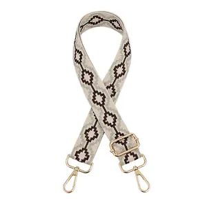 Close-up of jacquard woven geometric strap with adjustable gold metal hardware