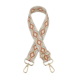 Detail view of ethnic jacquard shoulder strap with golden metal lobster clasps and patterns