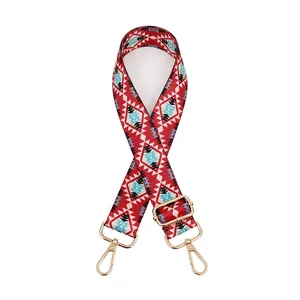 Close-up of adjustable ethnic geometric pattern bag strap with golden metal lobster clasps