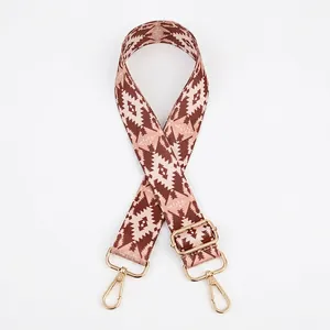 Close-up of adjustable tribal geometric bag strap with polished gold metal swivel hooks