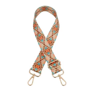 Detail of geometric pattern woven bag strap with adjustable light gold metal buckles