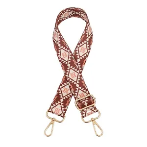 Close-up of geometric pattern strap with golden metal swivel hooks and adjustable buckle