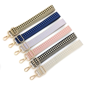 Adjustable checkerboard pattern nylon bag straps in multiple colors with gold metal hooks