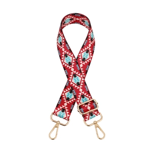 Adjustable bohemian style wide shoulder strap with red blue geometric ethnic pattern