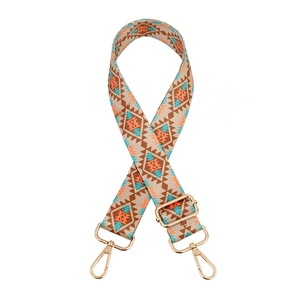 Adjustable bohemian style woven crossbody bag strap with geometric patterns and gold metal hooks