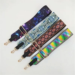 Adjustable wide PU leather bag straps with vintage patterns and gold metal lobster clasps