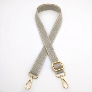 Adjustable 2.5cm geometric woven bag strap with golden metal carabiners and grey pattern