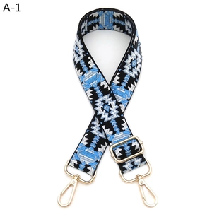 Detail of colorful geometric jacquard bag strap with gold metal swivel snap hooks