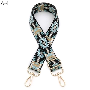 Detail of colorful jacquard guitar strap with ethnic geometric patterns and gold metal buckles