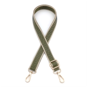 Adjustable 2.5cm woven bag strap in olive green and beige with Greek key pattern and gold hooks