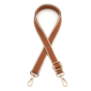 Adjustable 2.5cm geometric woven bag strap in caramel brown with gold metal buckles