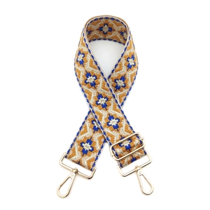Ethnic bohemian woven shoulder strap with geometric blue and orange patterns and gold hooks