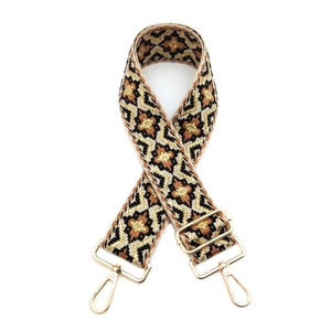 Ethnic style geometric jacquard bag strap with gold lobster clasps and adjustable buckle