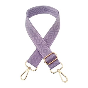 Adjustable purple woven shoulder strap with diamond pattern and gold metal lobster clasps