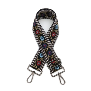 Ethnic style floral embroidery bag strap with black base and adjustable metal hardware