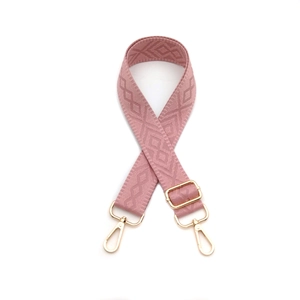 Pink jacquard weave shoulder strap with geometric diamond pattern and gold metal clasps