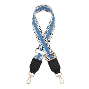 Blue and black geometric leopard print woven replacement shoulder strap with gold metal hooks