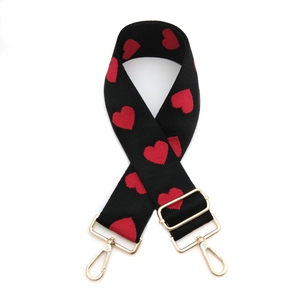 Adjustable wide shoulder bag strap with red heart embroidery and gold metal hooks