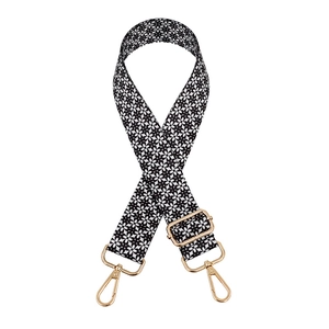 Adjustable black and white floral pattern canvas strap with gold metal lobster hooks