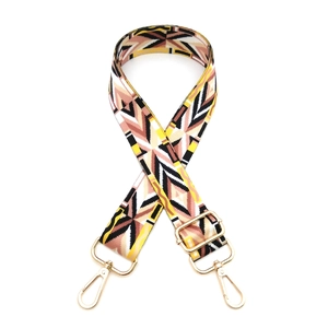 Ethnic wide shoulder strap with colorful geometric patterns and gold metal hooks